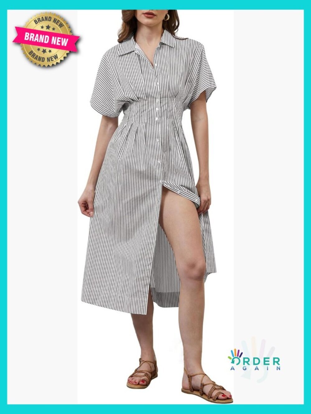 Striped Pleated Midi Shirt Dress Summer Ruffle Hem A-Line Swing Chic